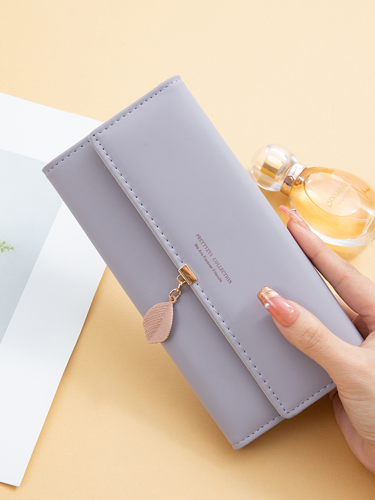 spring and summer women's PU leather Japanese and South Korea small fresh leaf pendant three fold bag large capa: PURPLE
