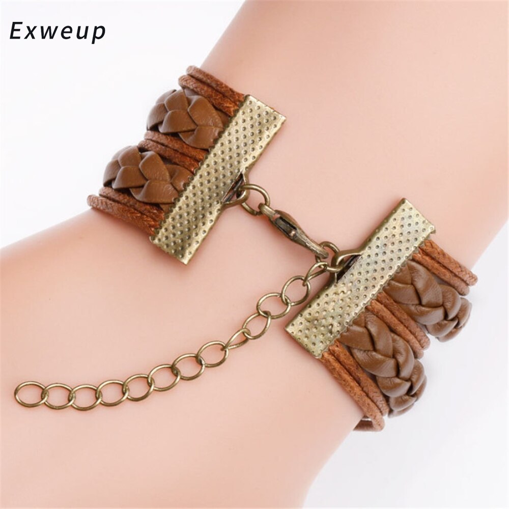 Exweup Vintage Horse Pattern Black Leather Bracelets Bangles Love letter Crystal Gem stone Bracelets Women Bangle Wristbands