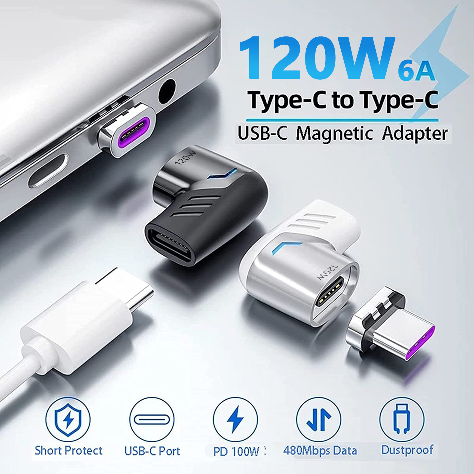 USB C To Type C Magnetic Adapter PD 120W USB Type C Magnetic Converter Magnetic Cable Right Angle USB C Connector
