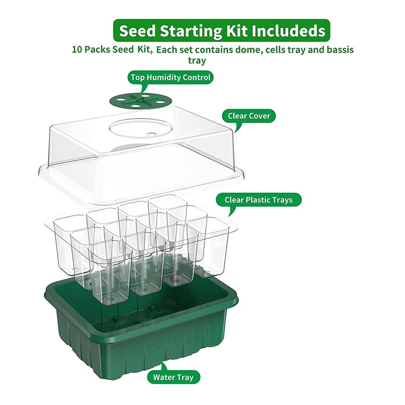 10 Pack Reusable Seed Starter Tray, 120 CellsSeed Starter Kit with Air Vent Humidity Dome and Drain Hole Base