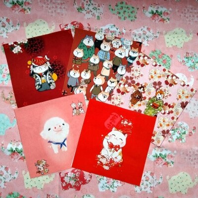 15*15Cm Nieuwjaar Feestelijke Rode Envelop Stof Purse Frame Katoen Canvas Hand Geverfd Stof Decoratieve Schilderkunst: A Group of 5 Pieces