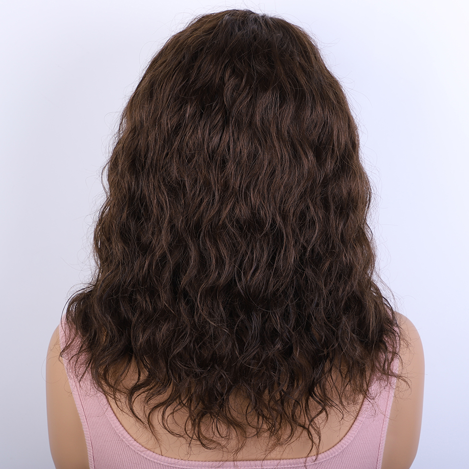 Perruque de cheveux humains bouclés au miel avec frange à franges, partie latérale, sans colle, pré-plumée, gros moelleux, marron, blond mélangé