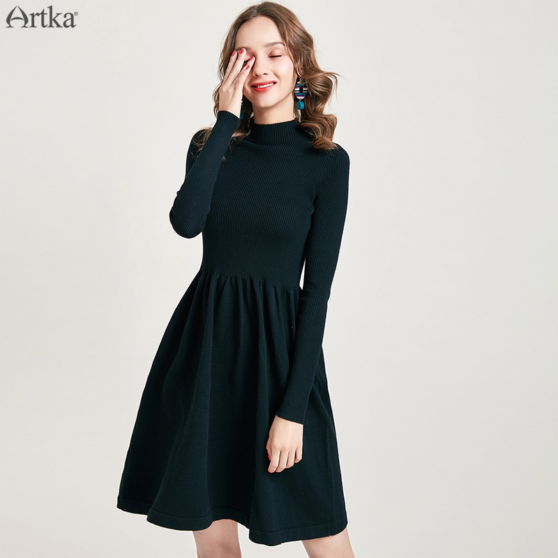 Artka Herfst Winter Vrouwen Jurk Elegante Effen – Grandado