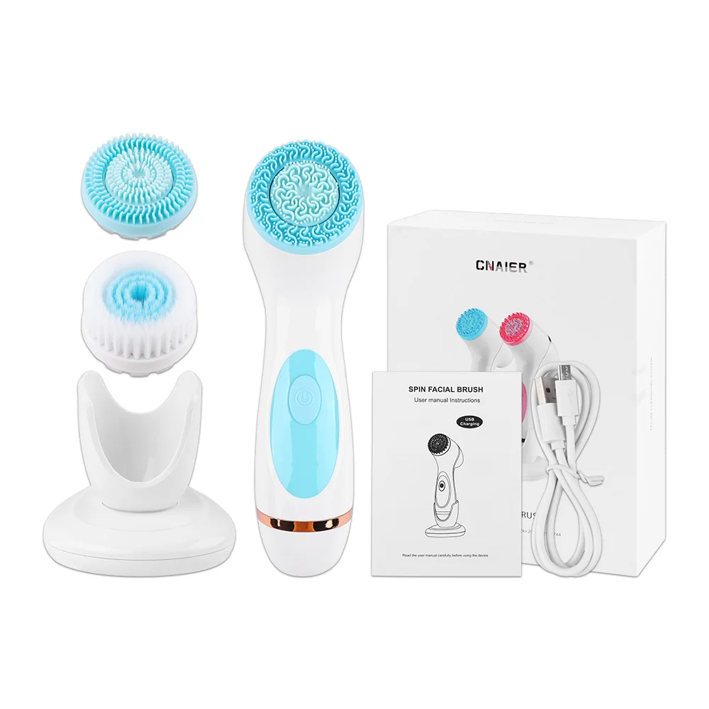 Cepillo de limpieza eléctrico 3 en 1, limpiador Facial ultrasónico, masajeadores faciales, cepillo de limpieza giratorio sónico, herramienta de limpieza profunda Facial: Rosa