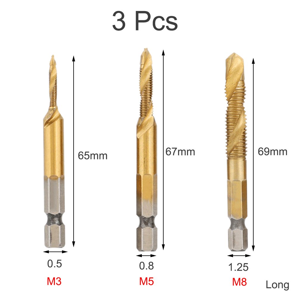 M3-M10 HSS Screw Metric Thread Tap Drill Bits Set Titanium Plated Hex Shank Screw Machine Compound High Speed Change Hand Tool: 3Pcs Long M3 M5 M8