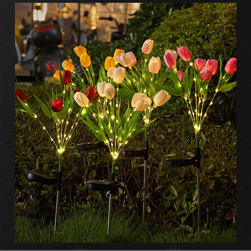 Luces solares realistas de flores de tulipán, 7 cabezales, LED, estaca de jardín, lámpara de paisaje, impermeable para jardín, balcón, patio, camino, decoración
