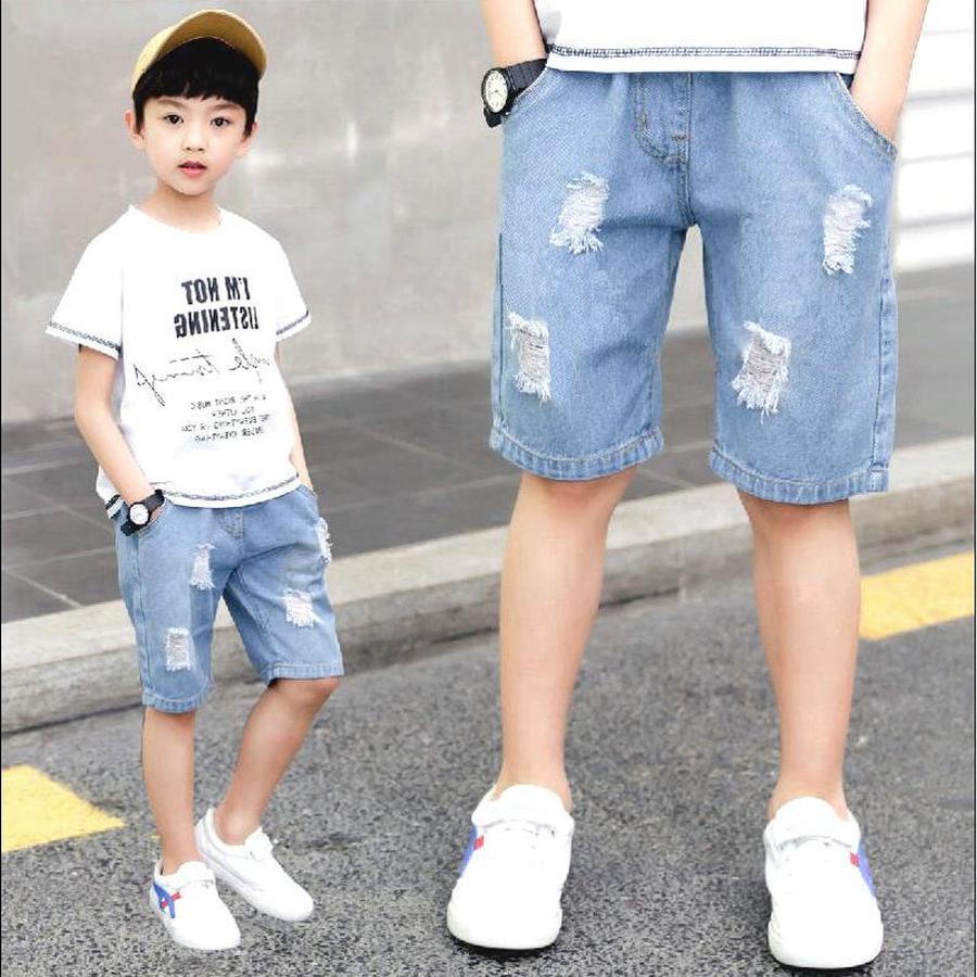 Pantalones cortos de mezclilla para niño, pantalón vaquero rasgado de verano, informal, azul claro, sólido, 110-160cm