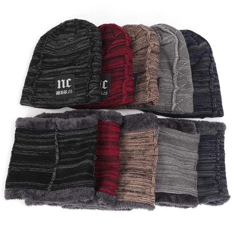 Nc label herr och dam bomullsmössa scarf kostym herr vintermössa scarf 2 delar set plus sammet tjock utomhus varm mössa