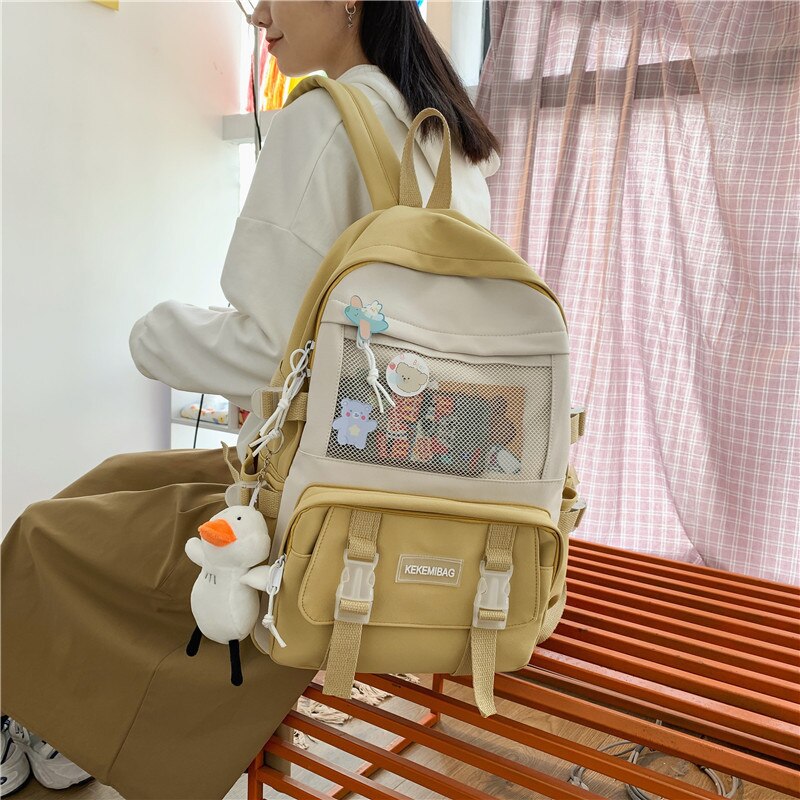 Koreanische Version von Harajuku Einfache Mädchen Student Schul Nylon Multifunktionale Rucksack Outdoor Reise Mochila Escolar: YELLOW / Has pendant