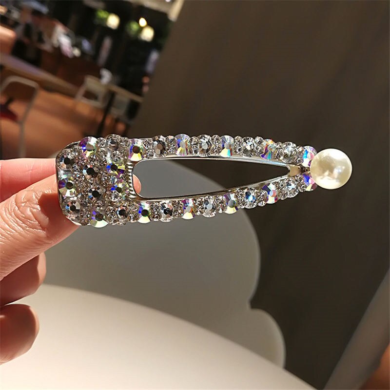 2PCS/SET Korea Shiny Crystal Rhinestones Hairpins Geometric Rectangle Waterdrop Imitiation Pearl Hair Clips Accessories: F008ZZYIN