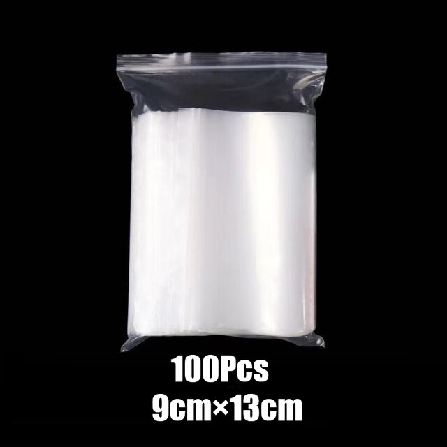 100 stk/pose genanvendelige plastikposer kraftige gennemsigtige smykker lynlås lynlås genlukkelig poly klar emballagepose forskellige størrelser: 9 x 13cm