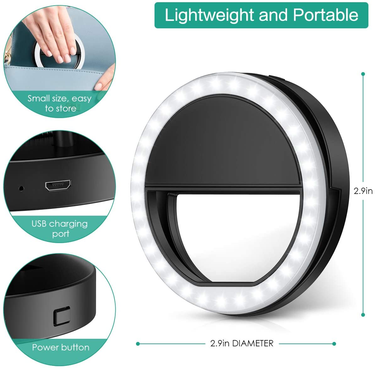 Selfie Ring Light carica USB portatile Clip-on Selfie Fill Light con 36 LED per iPhone per Samsung Xiaomi Phone Selfie Light