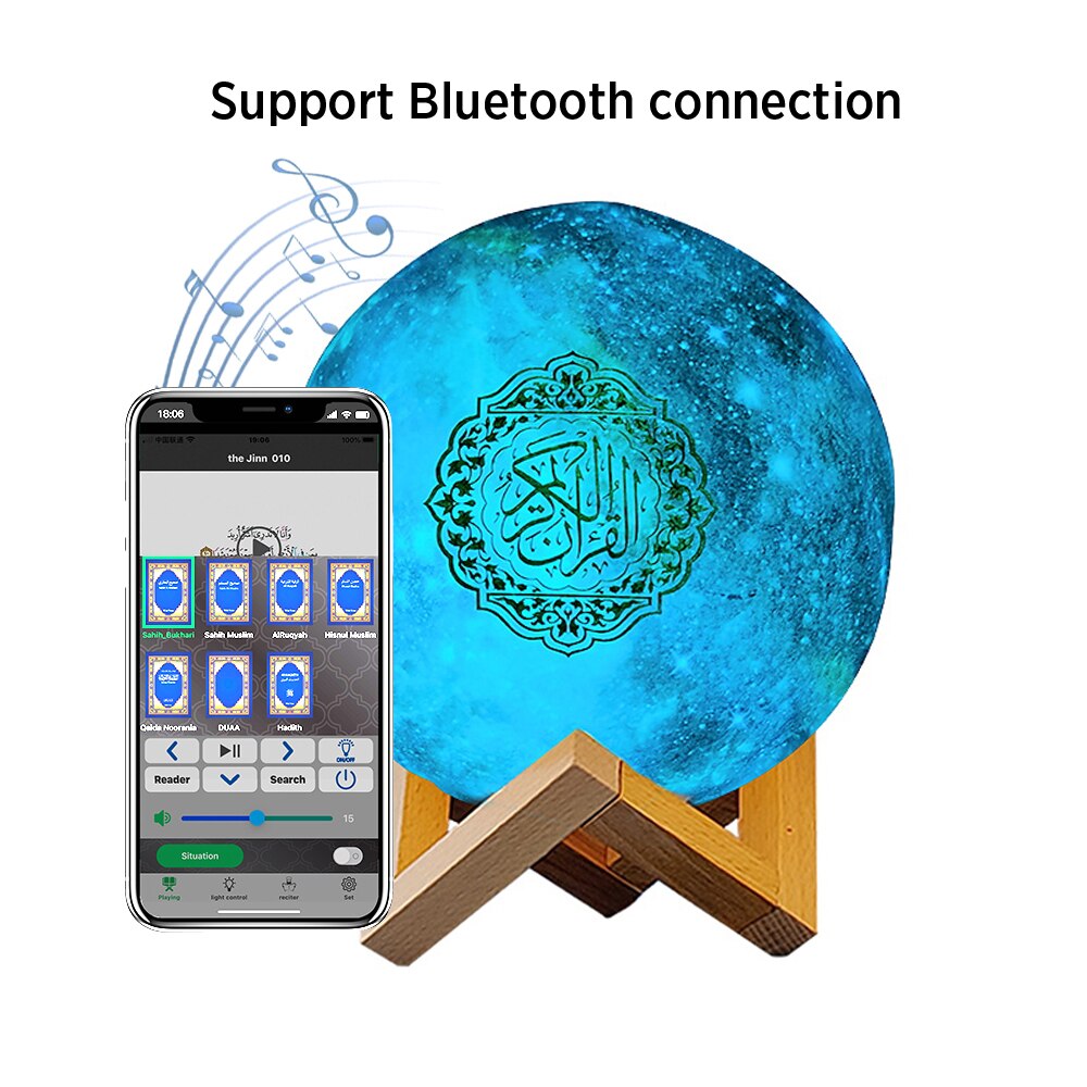Quran Rechargeable Wireless Speaker Equantu Islamic Remote Control LED Night Light Moon Lamp Koran Learning Speaker with Radio