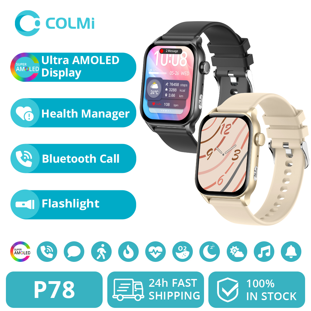 Reloj inteligente COLMI P78 AMOLED con pantalla de 1,95 pulgadas con linterna y llamadas de voz más de 100 modos deportivos Monitor de salud reloj inteligente para hombres y mujeres