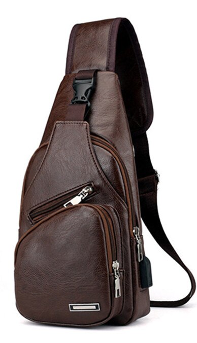 Crossbody Bags USB Chest Bag Messenger bag Leather Shoulder Bags Diagonal Package travel bag: dark-coffee