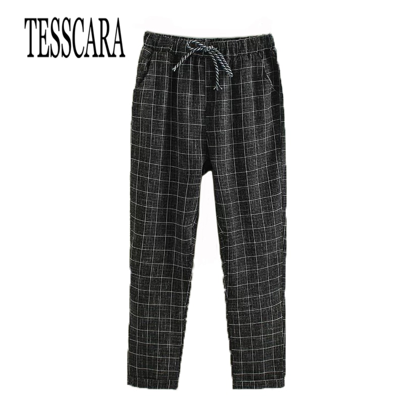 TESSCARA Women Plaid Casual Pants &amp; Capris Good Female Bottoms Trousers Spring Summer Harem Pant Plus Size S-3XL