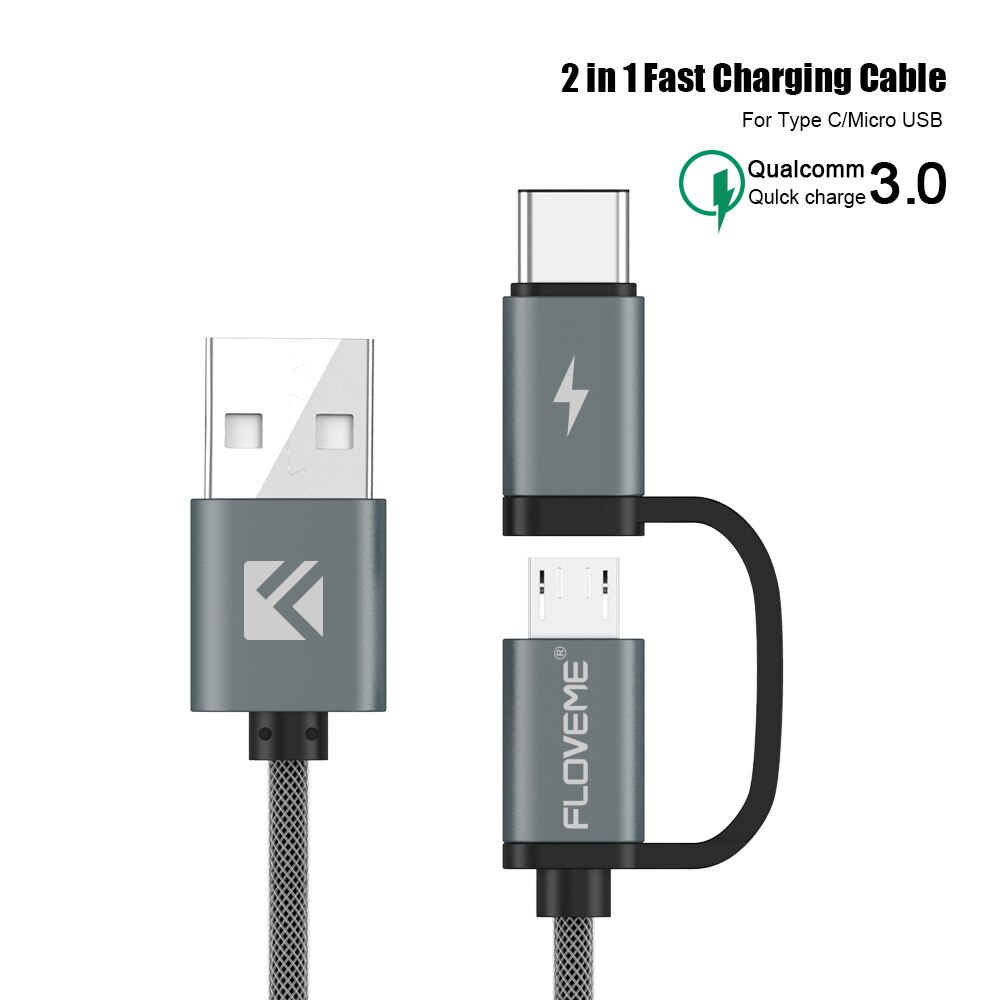 FLOVEME 2 w 1 MircoUSB + rodzaj-c kabel USB pleciony szybka ładowarka QC 3.0 USB-C telefon komórkowy kabel robić galaktyka S8 Xiaomi Smartphone