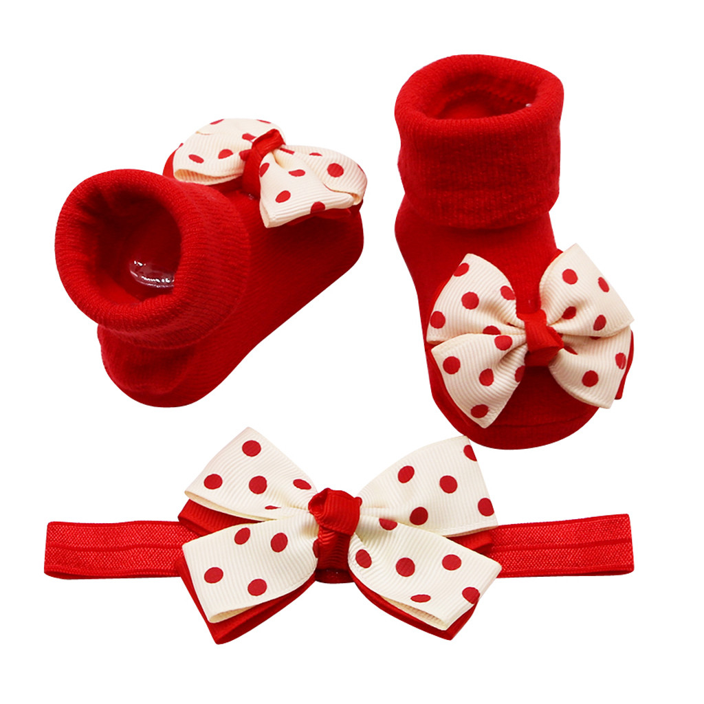 Baby Infant Girls Socks +1PC Hair Belt Toddler Girls Bow Wave Point Anti-slip Socks Cute Baby Socks Newborn #1021