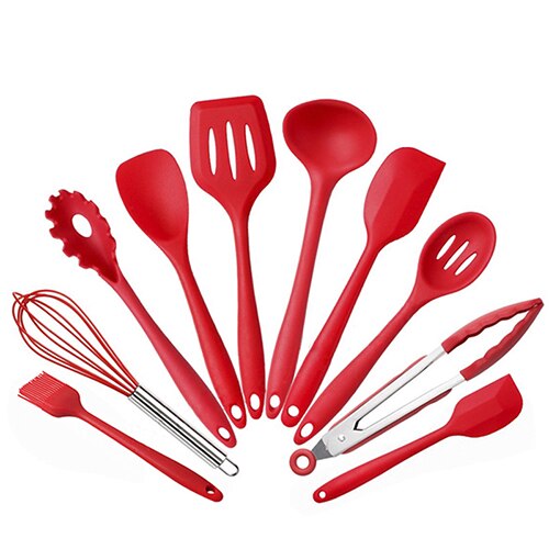 Utensilios de cocina, horno de silicona resistente al calor de 10 piezas y conjunto de utensilios para cocina-Turner, batidor, cuchara, cepillo, espátula, pinzas: Red 10pcs