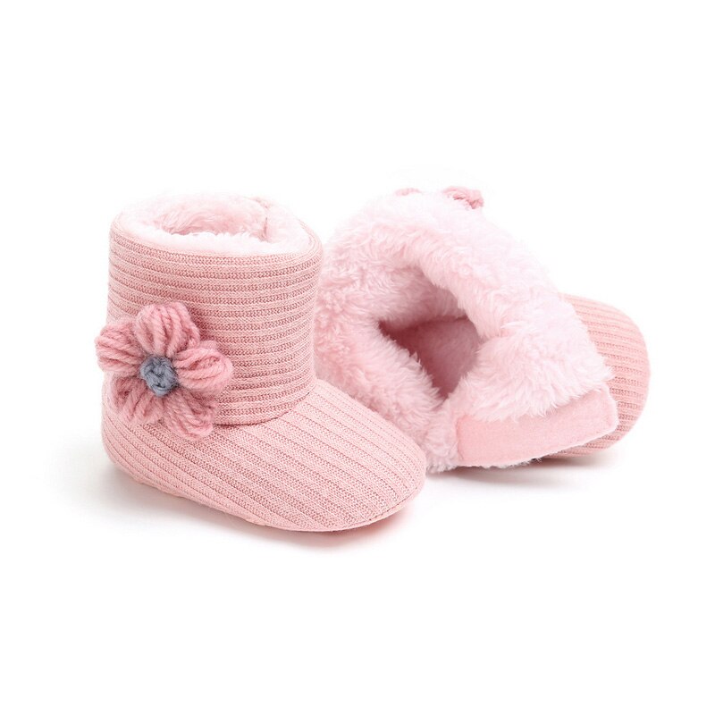 Vinter advare tyk plys baby pige støvler sød ensfarvet blomst bomuld prinsesse baby støvler vinter strikke baby sko: Lyserød / 7-12 måneder