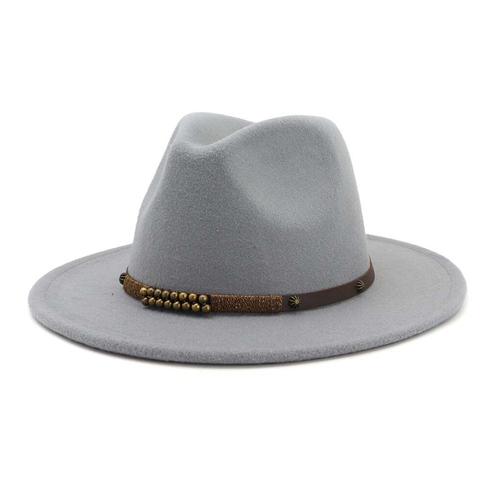Men Women Fedora Hat With Belt Wide Brim Hat Ladies Winter Hat Pop Jazz Hat: Light Gray