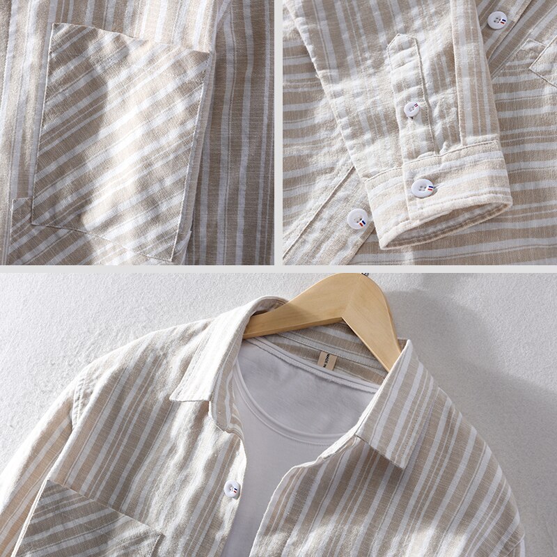 Gestreepte katoenen en linnen merk heren overhemd comfortabele shirts met lange mouwen voor heren trendy gestreept overhemd heren camisa chemise