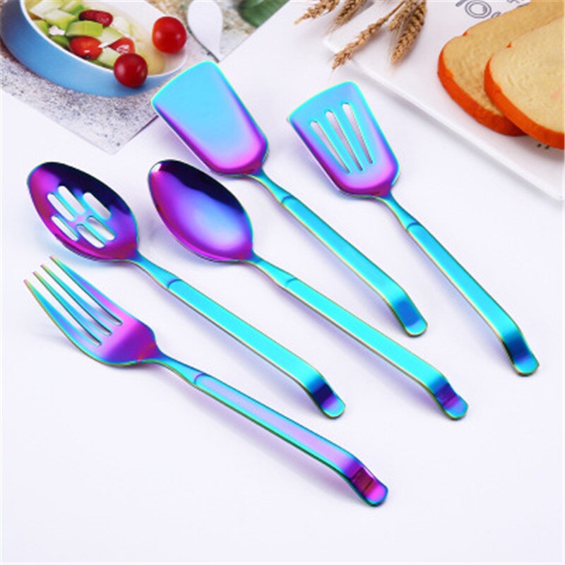 Newest Rainbow Stainless Steel Kitchen Utensil Set Big Size Public Buffet Spoon Colander Fork Shovel Kitchenware Cooking Tools