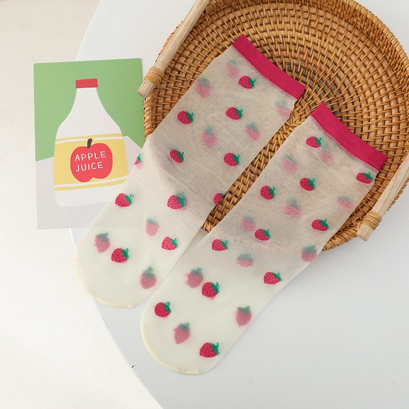 Kids Summer Nylon Knee High Socks With Print Children Toddler Girls Baby Boys Mesh Thin Cute Tube Invisible Long Socks Kawaii: Strawberry