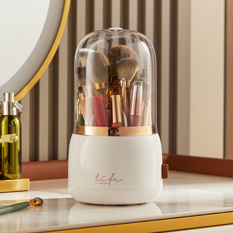 Makeup brush holder storage device with 360 degree rotation, dustproof makeup brush container, transparent acrylic cover, rotati: Ivory
