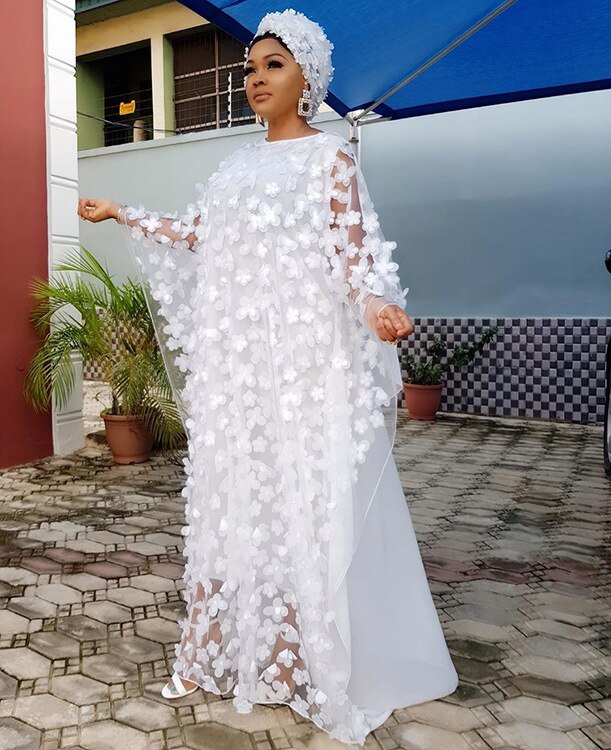 No Headscarf Super Size White African Dress For Women African Women Dashiki Loose Embroidery Long Dress African Clothes