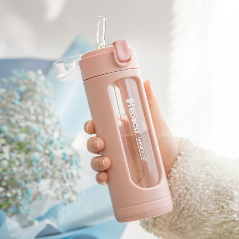 Dubbel bärbar glas söt vattenflaska kawaii kopp tumlare med sugrör för flickor mjölk kaffe juice vaso con tapa y pajita
