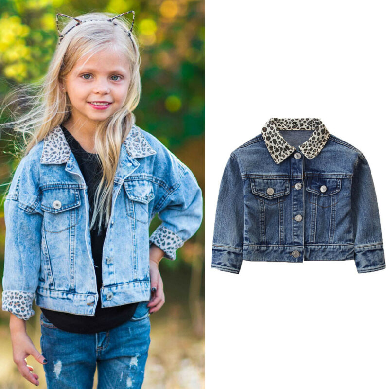 Newest Toddler Kid Children Girls Long-Sleeved Denim Leopard Turn-down Collar Jackets Baby Denim Coat Outerwear