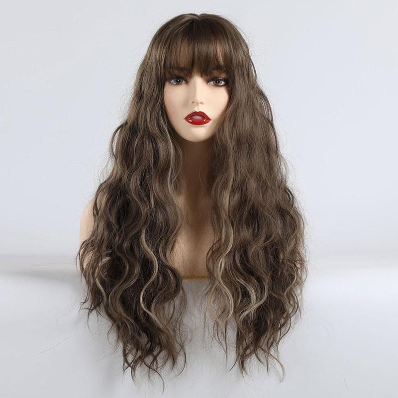 Kvinner blande farger brun lang krøllet syntetisk parykk hel parykk bølget parykk