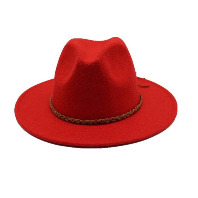 Seioum Wide Flat Brim wool felt Fedoras hats with Ribbon Band jazz trilby formal top hat panama cap Floppy Hat for men women: red