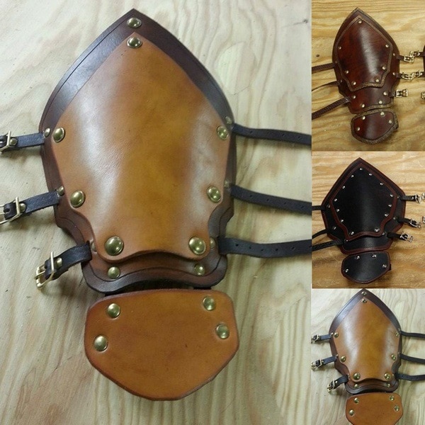 Aikuinen keskiaikainen taistelu soturi larppi ritari käsivarsi ranteen side nahka haarniska kiinnike niitti steampunk jousimies käsineasu