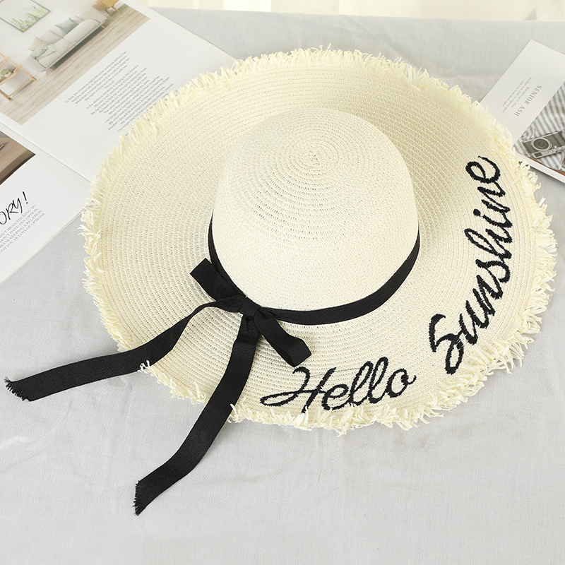Handmade Weave Letter Sun Hats for Women Black Ribbon Lace Up Large Brim Straw Hat Outdoor Beach Hat Summer Caps: N245-White