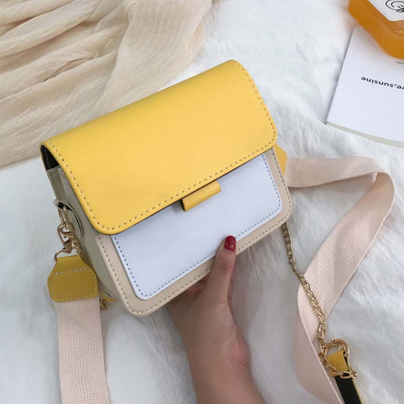 Contrast Kleur Lederen Crossbody Tassen Voor Vrouwen Reizen Handtas Mode Eenvoudige Schouder Messenger Bag Dames Mini Flap Bag: Geel