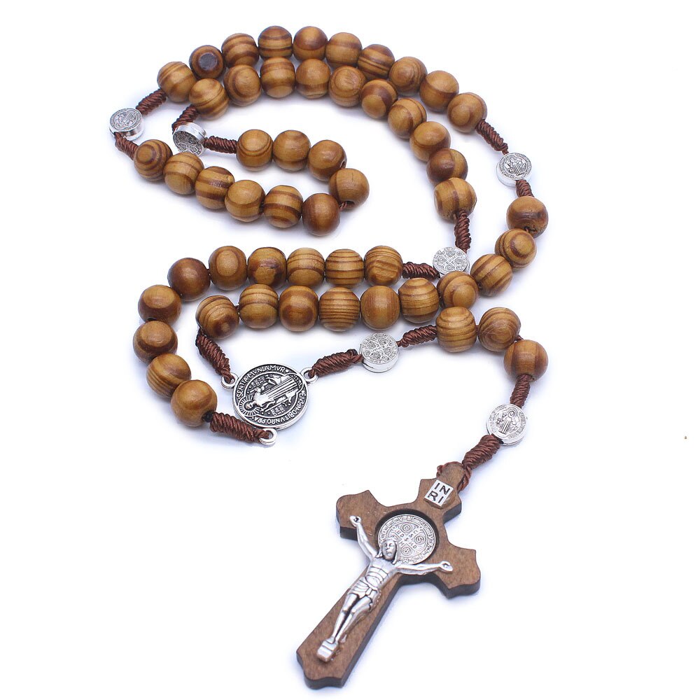 Houten Kruis Vintage Stijl Katholieke Christus Houten Rozenkrans Kralen Cross Hanger Metalen Jezus Ketting Souvenir: Default Title