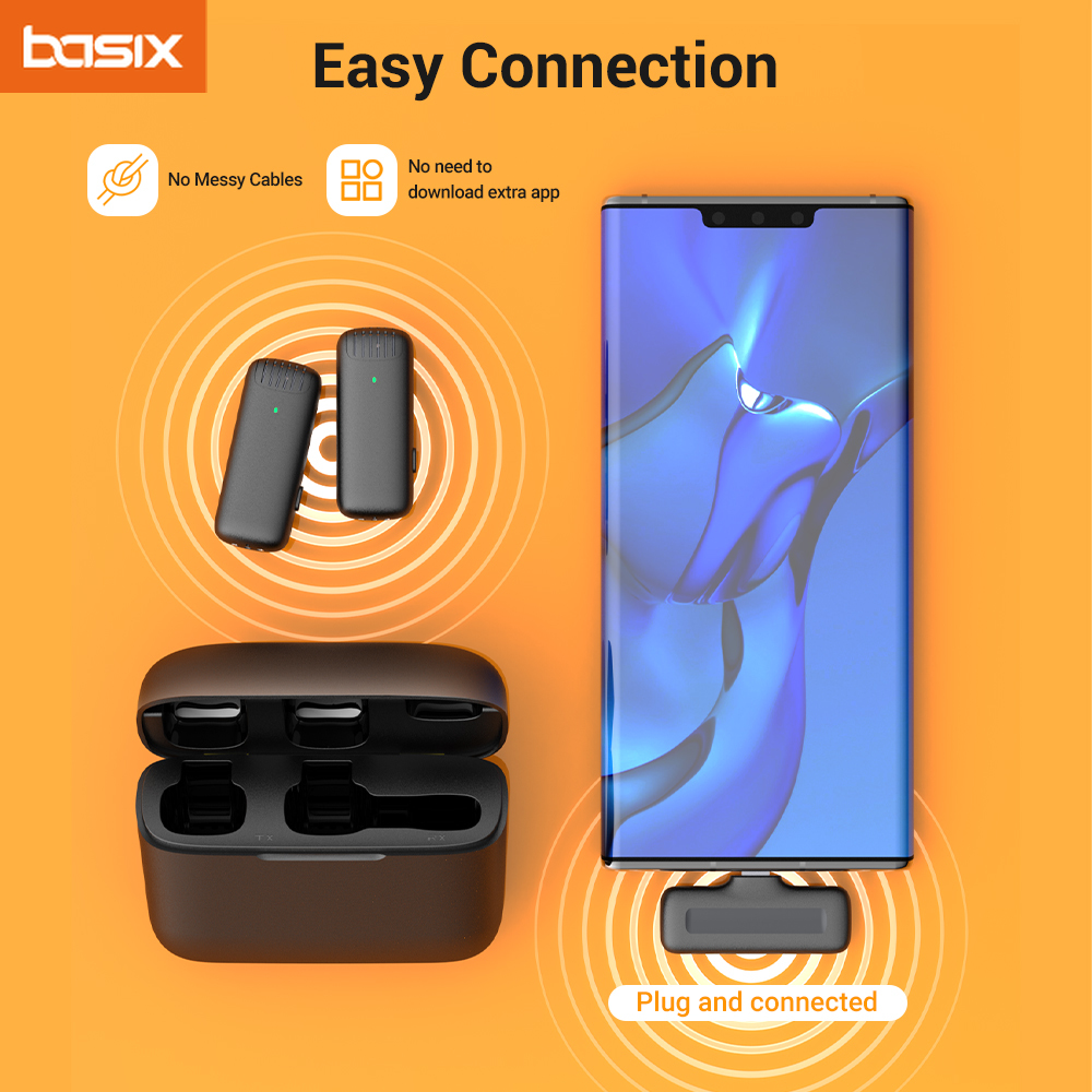 Basix 2,4 G kabelloses Stereo-Lavalier-Mikrofon mit Ladeetui für Live-Interview Outdoor Mini Noise Cancelling Ansteckmikrofon