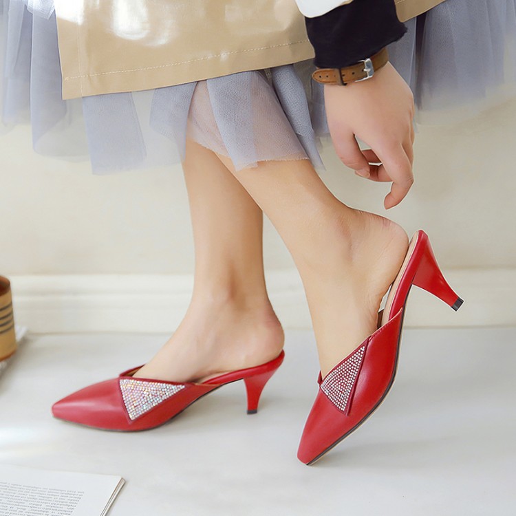 LIHUAMAO pantofle bez pięty dla kobiet kocie obcasy szpiczasty nosek poślizg na kryształbyć winnym slajdy damskie sandały na obcasie na wolnym powietrzu csual impreza