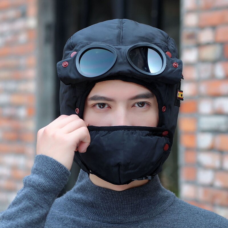 Men Women Winter Warm Cap Windproof Hat Cycling Windproof Earmuffs Face Protection Headgear with Removable Glasses and Mask