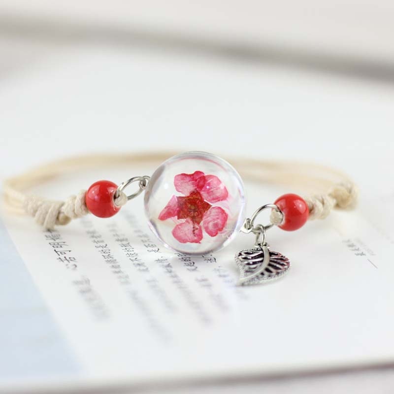 Pulseras bohemias con bola de cristal para mujer, brazaletes de diente de león con flor de melocotón seca auténtica, muestra de planta sencilla, joyería ajustable,