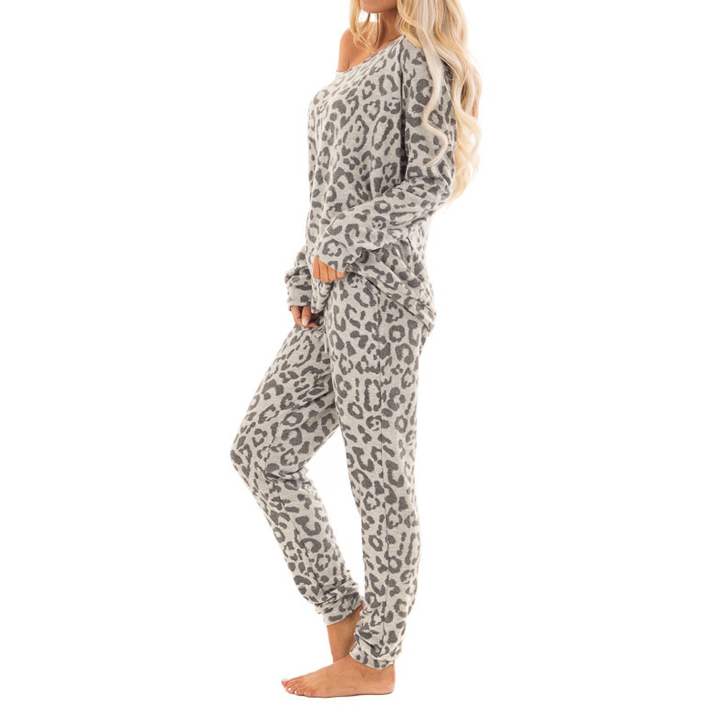 Women Leopard Print Leisure Suit Long Sleeve Top Pant Casual home clothing Sets Female Pants Suit 2pcs