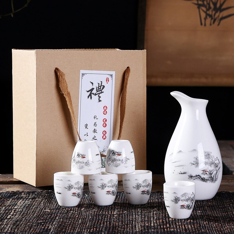Keramik vinset box vin vitvin kopp en kastrull med sex koppar pott poäng vin reklam japansk sake kopp