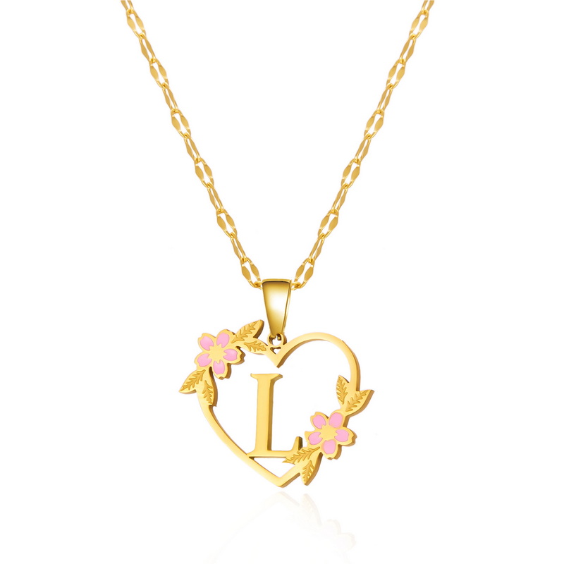 Collar con colgante de nombre y letra inicial de acero inoxidable con flor coreana para mujeres y hombres, gargantilla de amistad con letras de A-Z, de joyería: Bañado en rodio de imitación