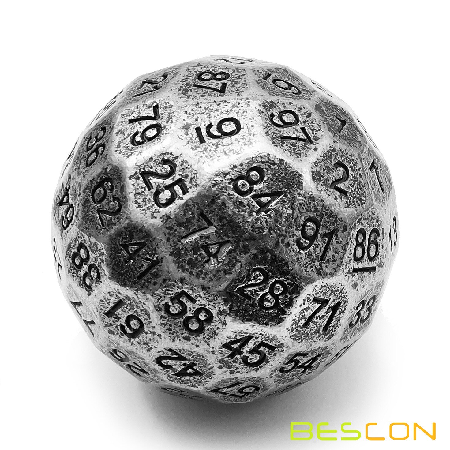 Bescon Solide Metalen 100 Zijdige Dobbelstenen, Spel Dobbelstenen D100, giant Polyhedral Metalen 100 Zijden Dobbelstenen 50Mm In Diameter (1.97in), Oude Zilveren