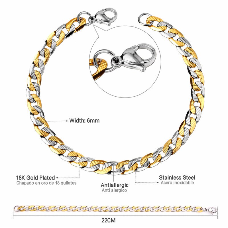 ASONSTEEL 6mm Stainless Steel Chain Gold/Silver Color Cuban Link Bracelet for Men Women Party Jewelry: Mix