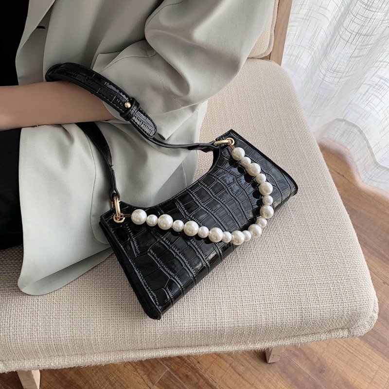 Women Handbag Retro Alligator Leather Subaxillary Bag Vintage Small Totes Bag Female Luxury Pearl Shoulder Bag Lady Clutches