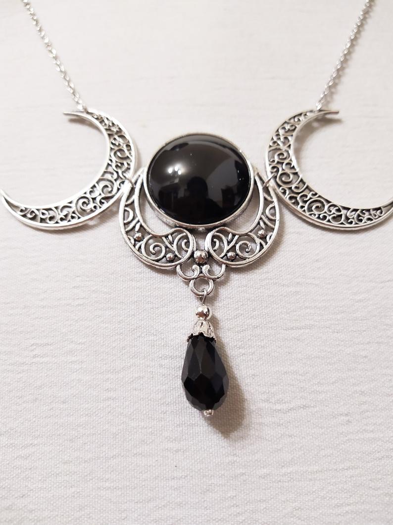 verdreifachen Mond Silber Überzogene Halskette und Schwarz Glas Stein Wiccan heidnisch gotisch Halskette