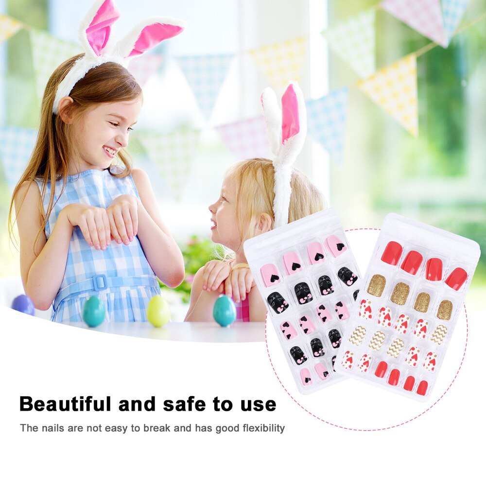 2 Sets 48pcs Kids False Nails Stick on Nails Kits for Kids Teenager Girls